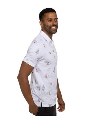 Travis Mathew White Holiday Print Polo with Red Accents